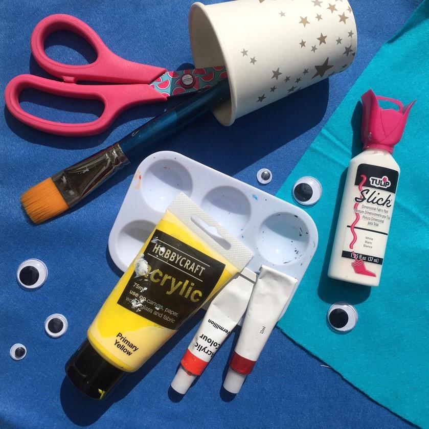 Scissors, paper cup, paint, paint brush, Scissors, Google Eyes,3D paint or PVA glue