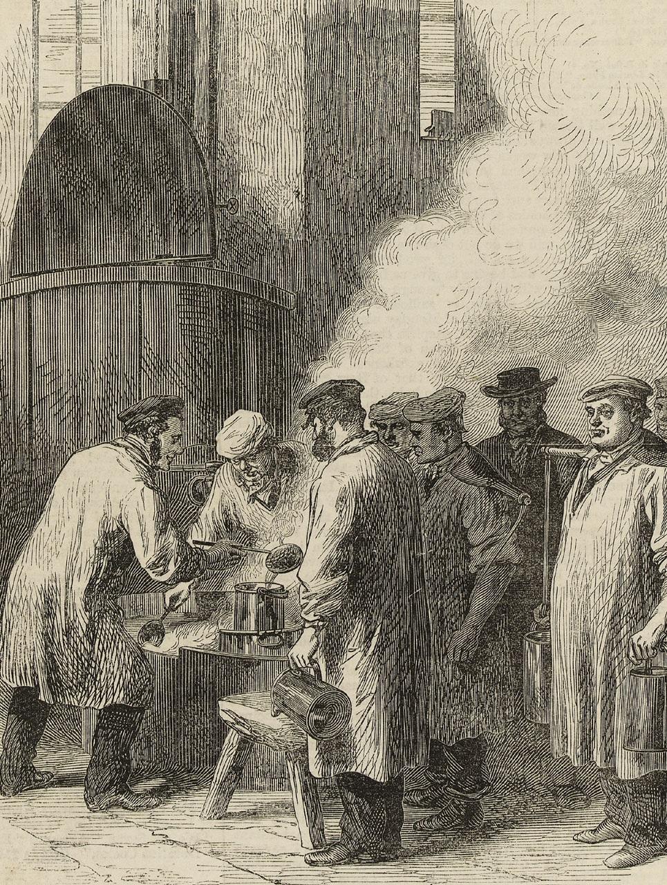 Group of workers gathered around a tea urn