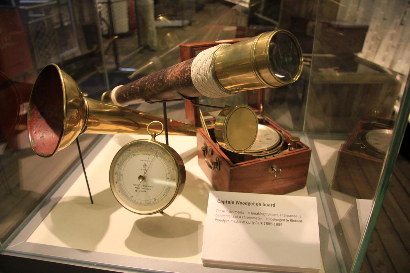 A speaking trumpet, telescope, barometer and a chronometer that all belonged to Captain Woodget