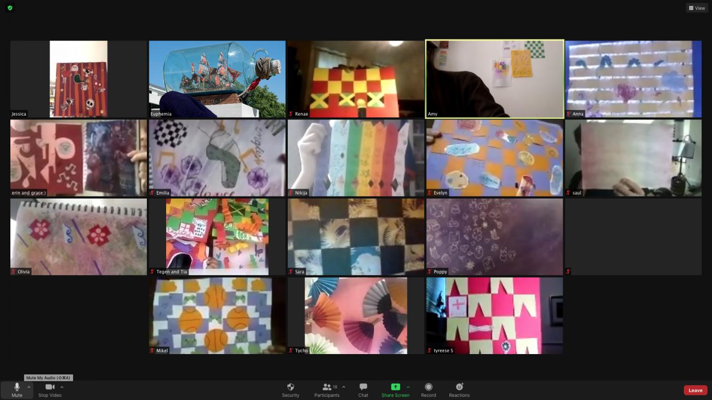 A screen grab from a zoom workshop with an image of yinka shonibare's ship in a bottle with lots of images of different patterns