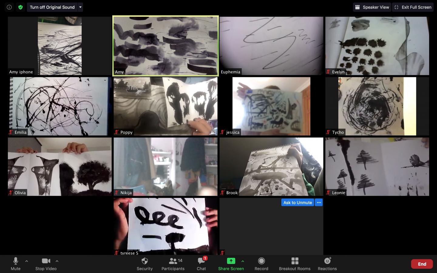 A screen grab from a zoom workshop of lots of images of ink mark making