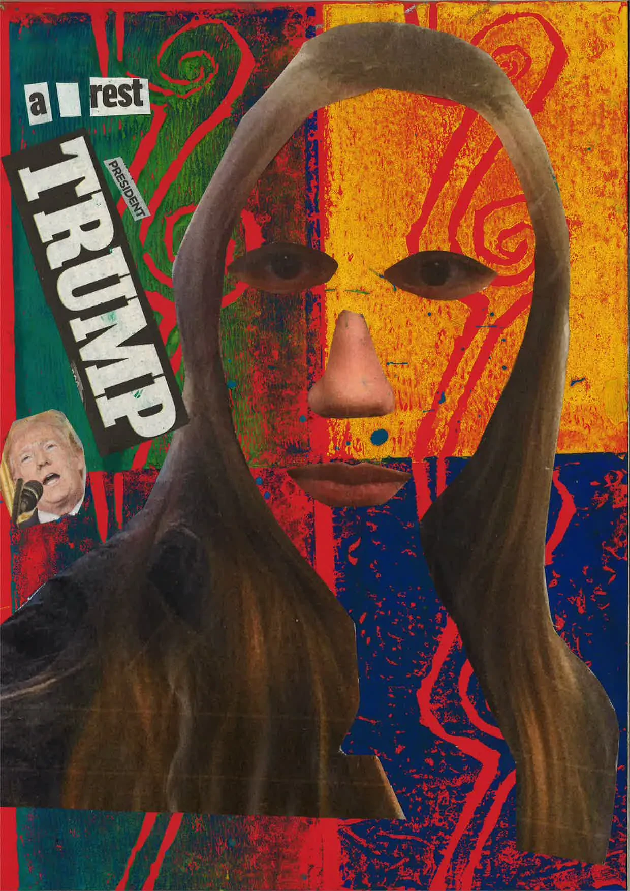 A collage of a portrait of a young person that says Arrest Trump