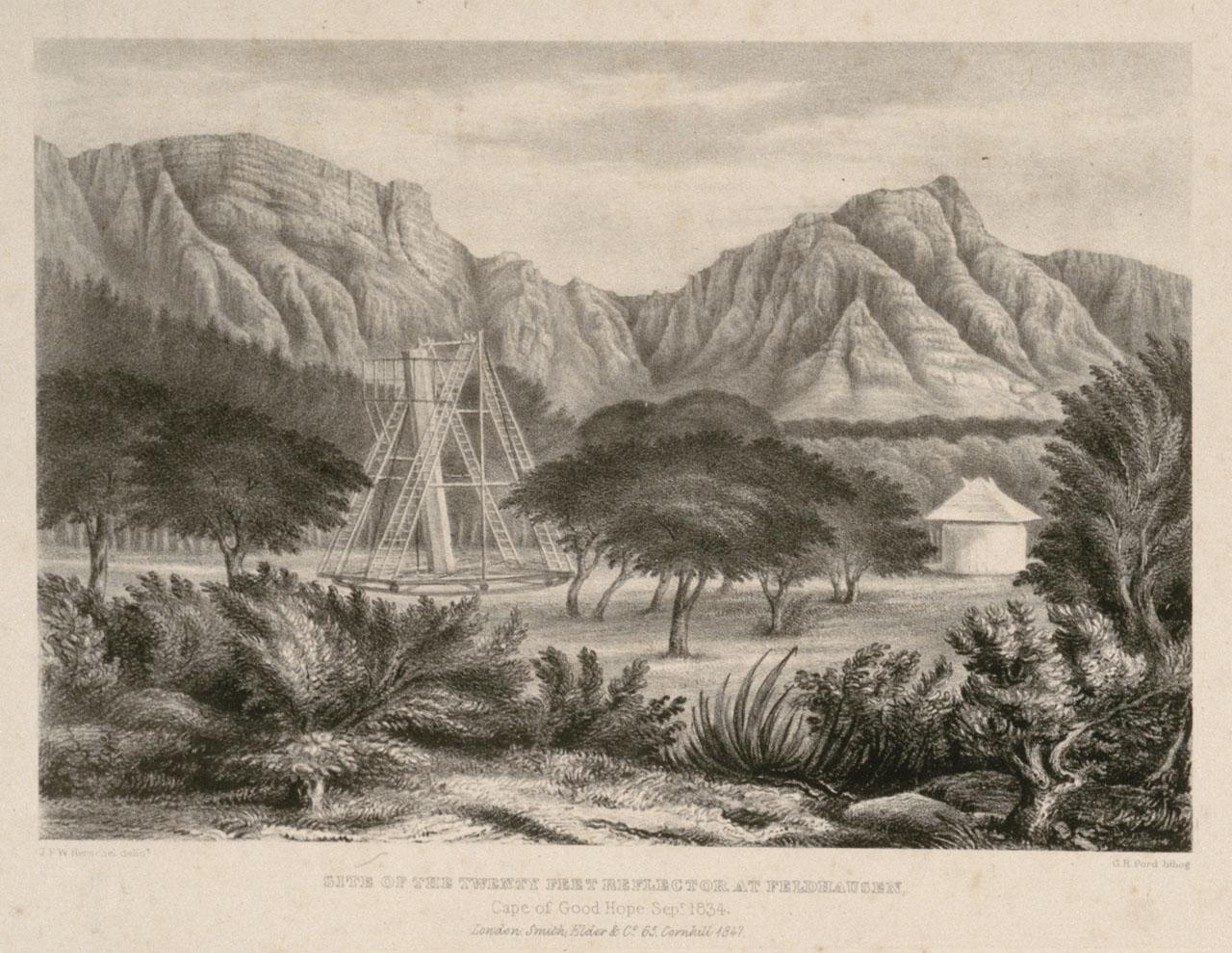 'Site of the Twenty Feet Reflector at Feldhausen. Cape of Good Hope Sept 1834' by John Herschel 