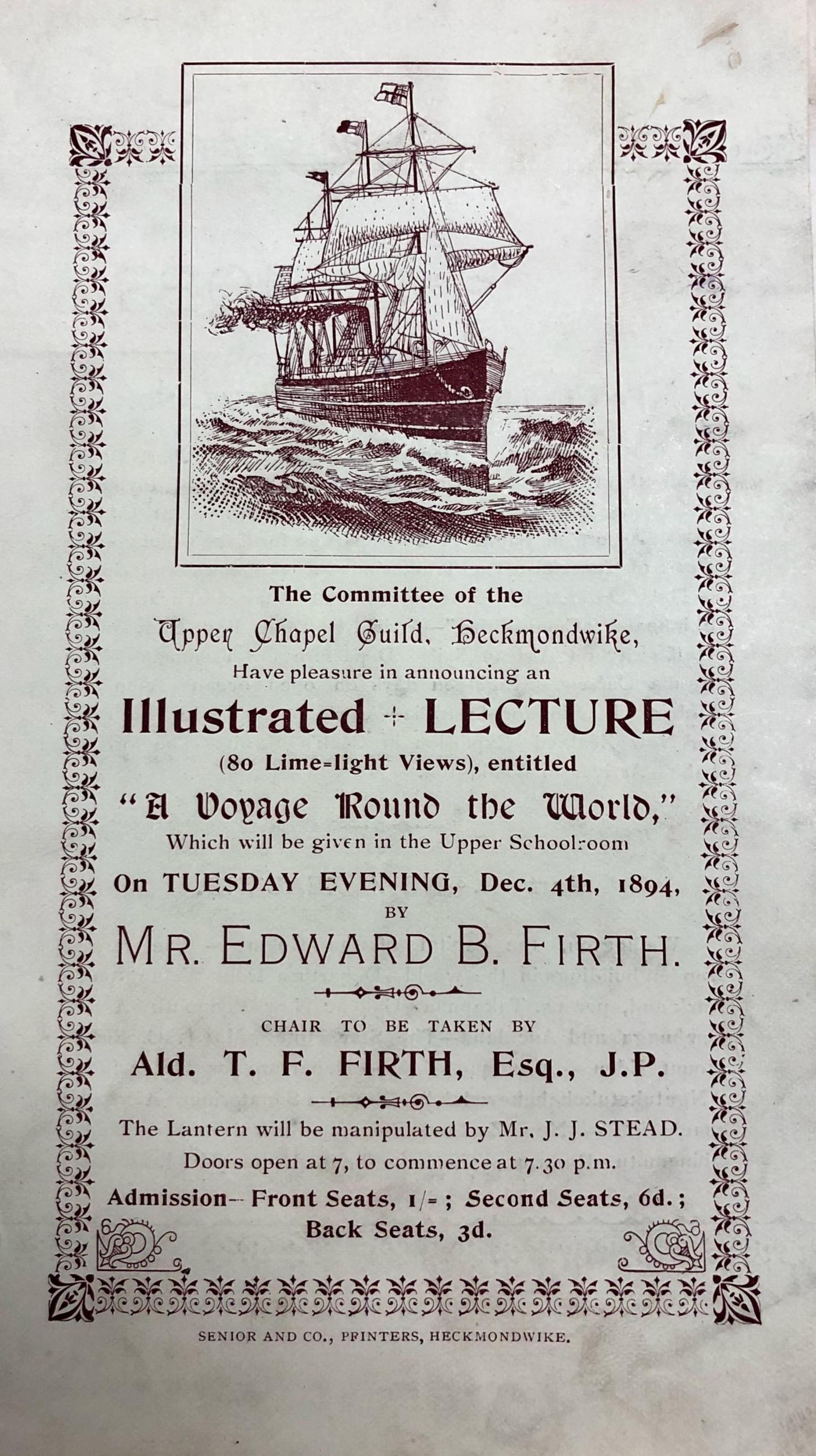 Brochure of Edward B. Firth's illustrate lecture on "A Voyage Round the World", 1894