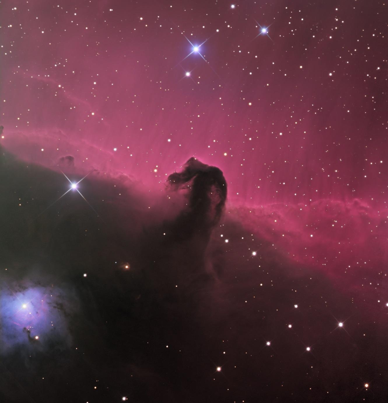 A deep space astrophotograph of the horesehead nebula, with pink curtains of light and bright blue-white pinpricks of stars