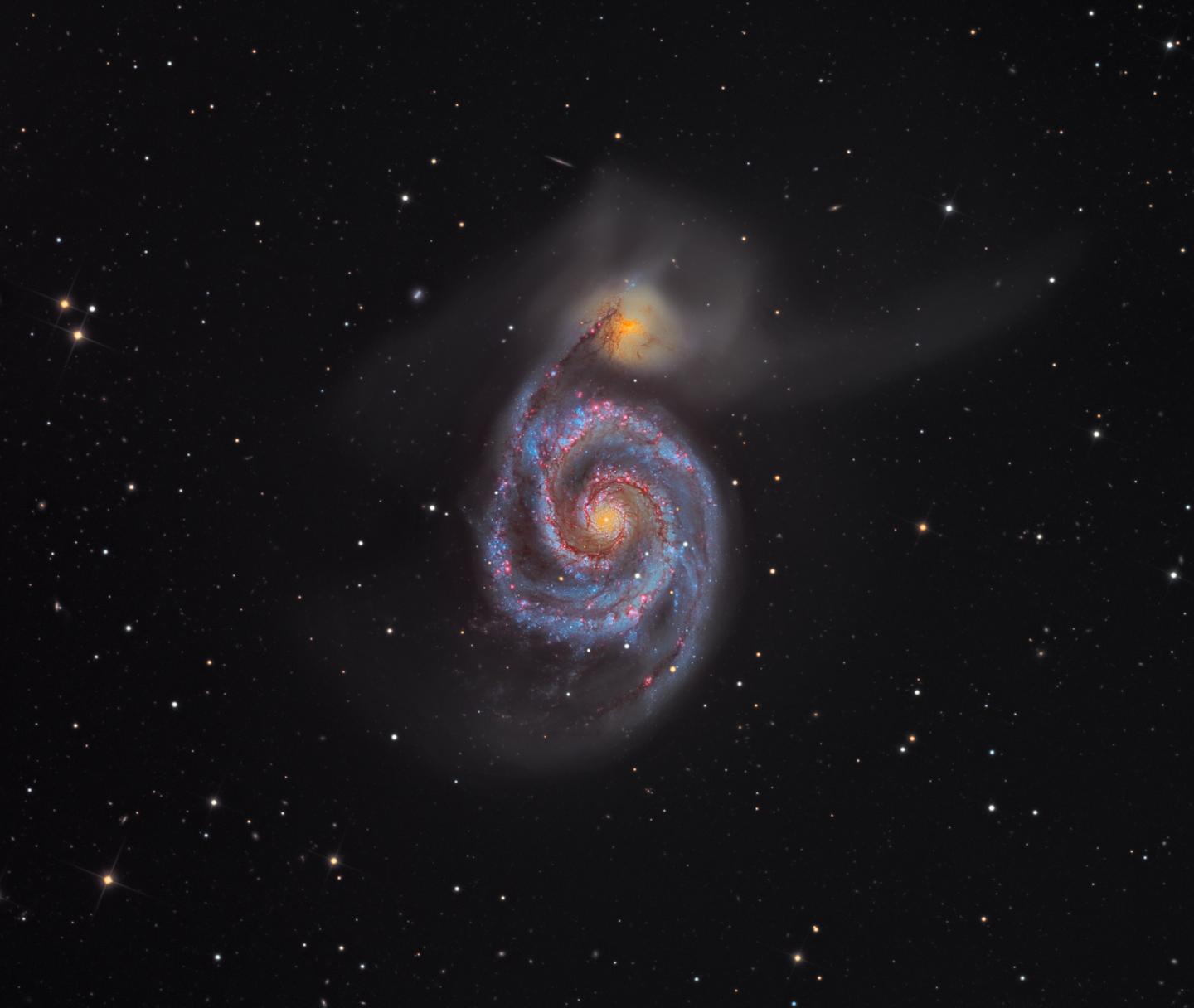 An astronomy photograph showing the M51 'Whirlpool Galaxy'. The galaxy appears as a purple-yellow spiral in the centre of the frame