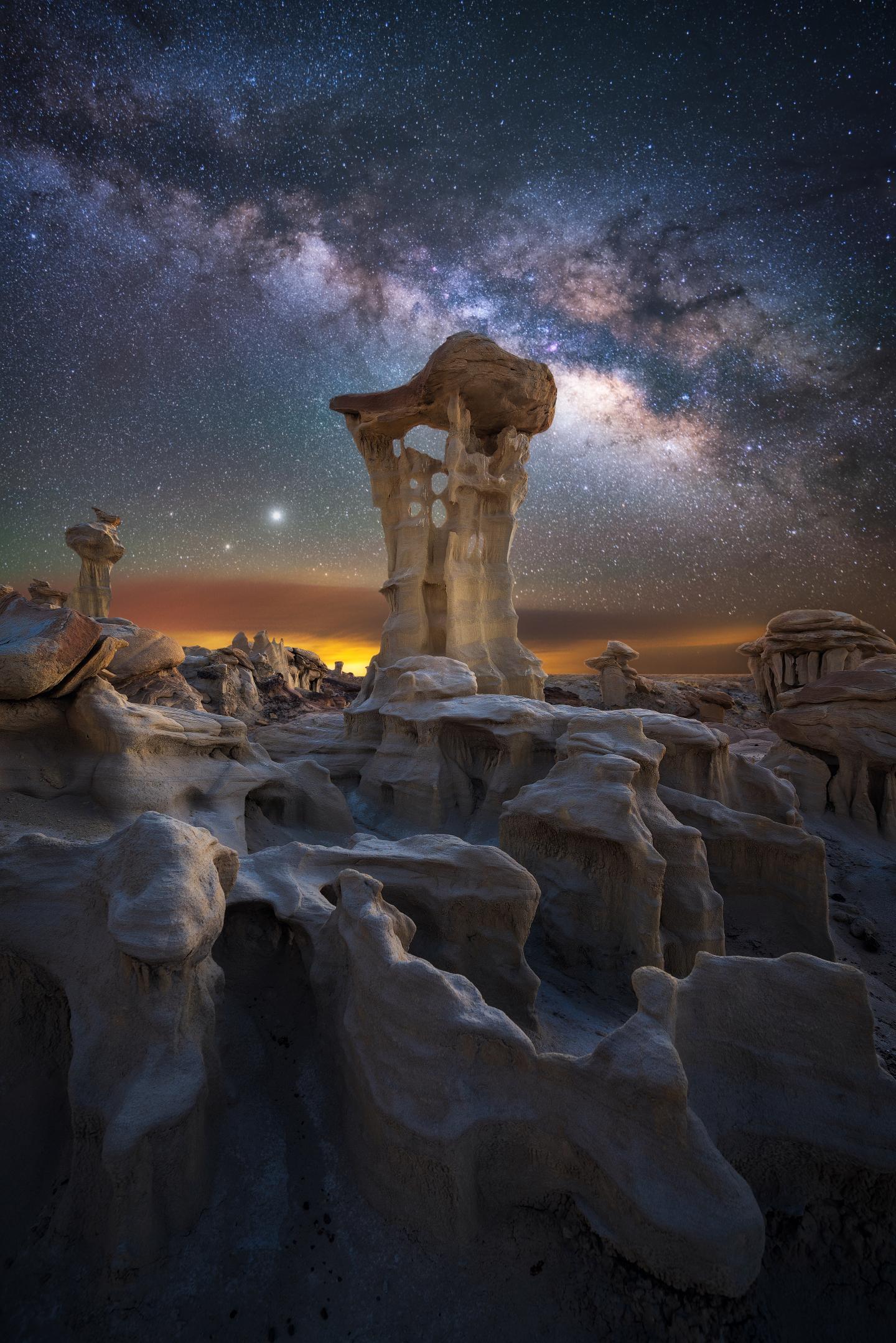 Pillar of rock in New Mexico with Milky Way in background