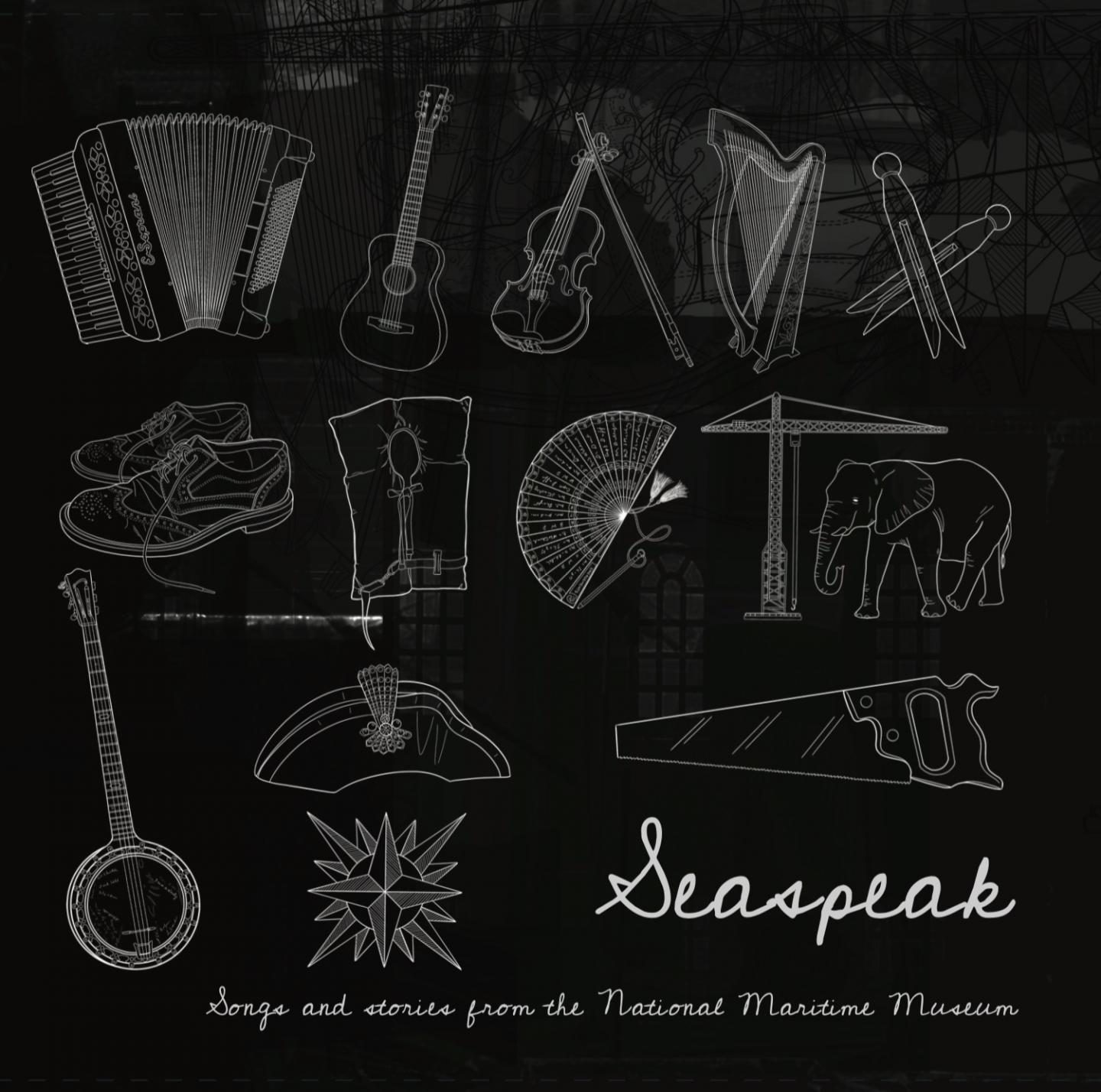 A black album cover with silver illustrations of instruments and the word 'Seaspeak'