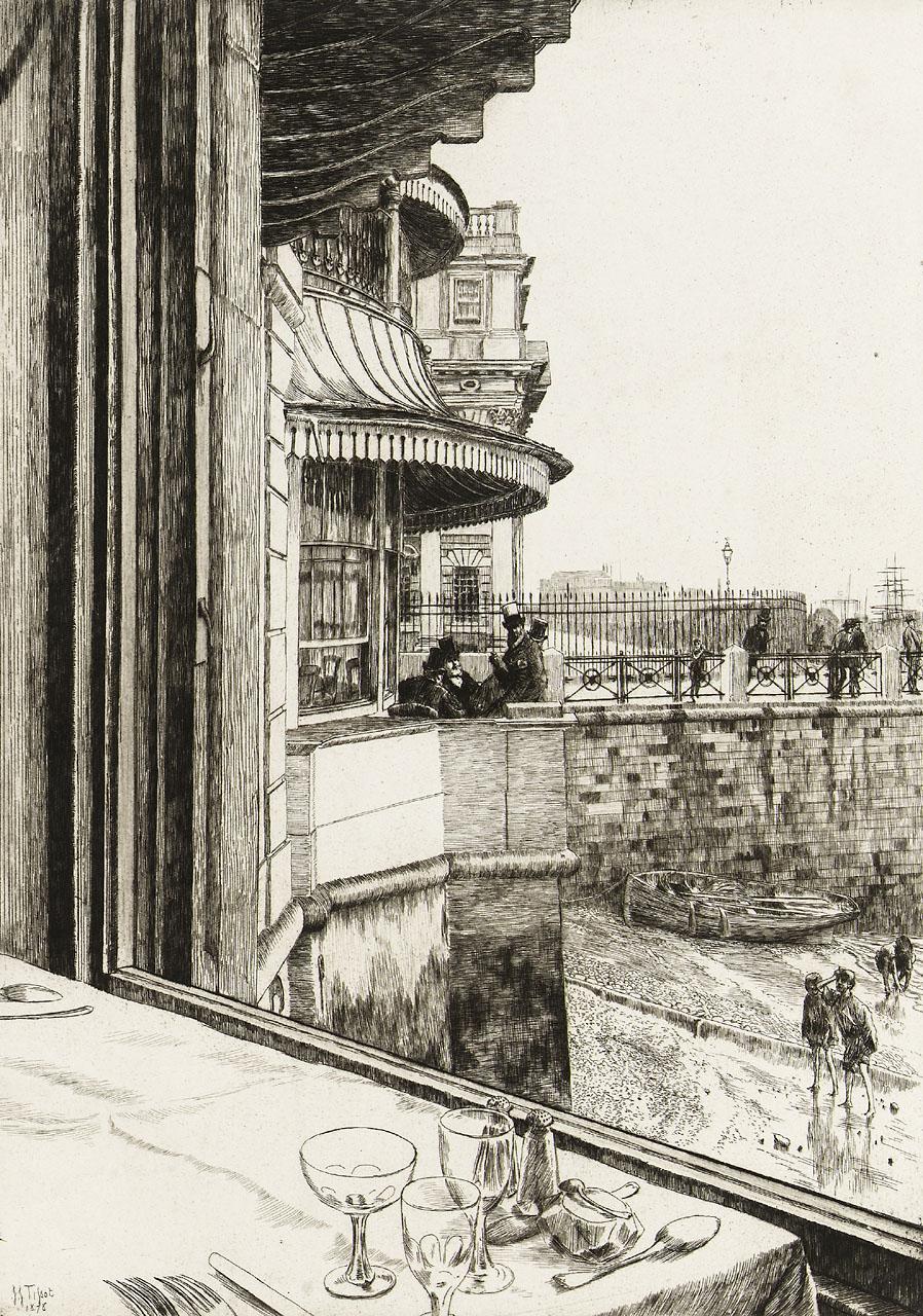 19th century etching of the view outside Trafalgar Tavern in Greenwich