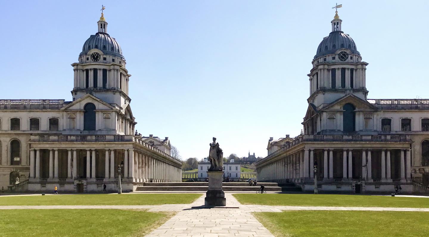 The two domes of the Old Royal Naval College with the Queen's House in the background