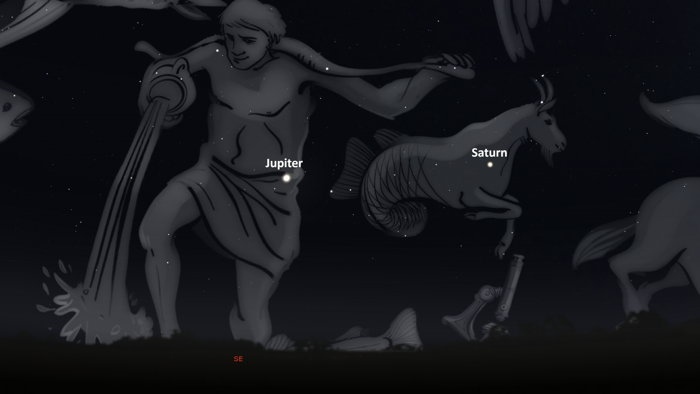 The gas giants Jupiter and Saturn lying above the south-east horizon