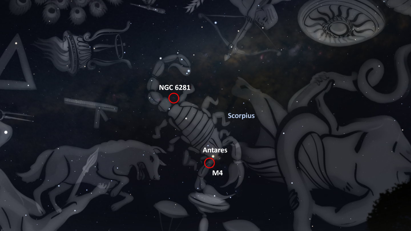 The constellation Scorpius and some star clusters as seen in the southern hemisphere