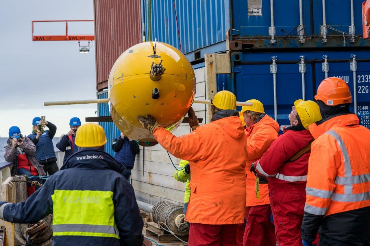 The underwater robot Boaty McBoatface being moved into position for deployment
