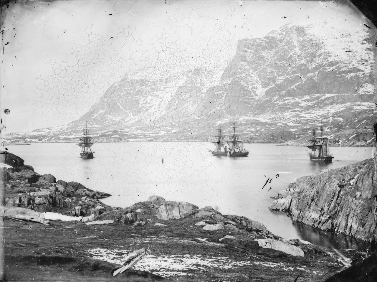 HMS Phoenix (1832), HMS Talbot (1824) and HMS Diligence (1814) at anchor, Holsteinborg (now Sisimiut), Greenland taken in June 1854