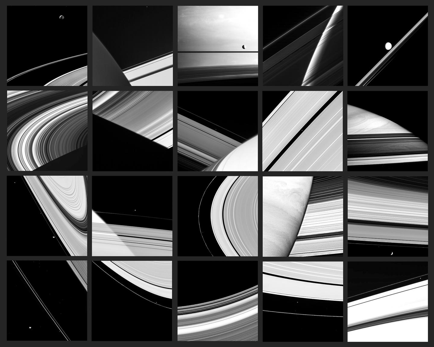 An abstract, black and white astronomy photograph, showing a grid of fractured images adapted from satellite data