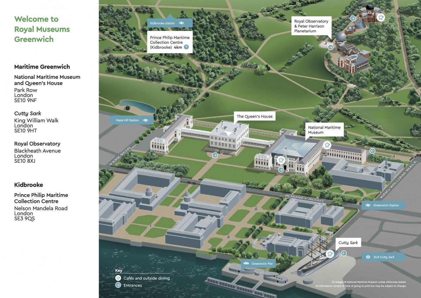 A map showing the four different sites that make up Royal Museums Greenwich: Cutty Sark, National Maritime Museum, Queen's House and Royal Observatory