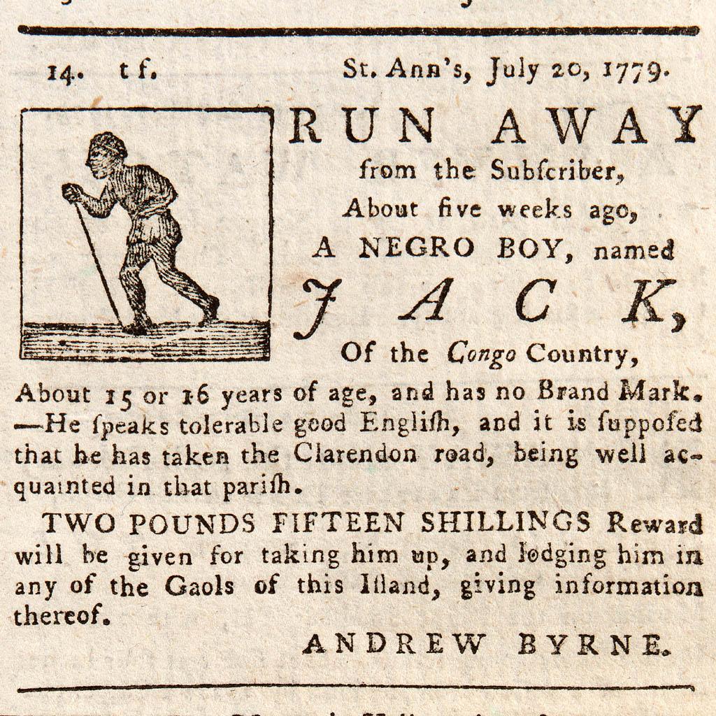 A black and white illustration of a young man from a newspaper advert about a 'runaway' slave from 1779
