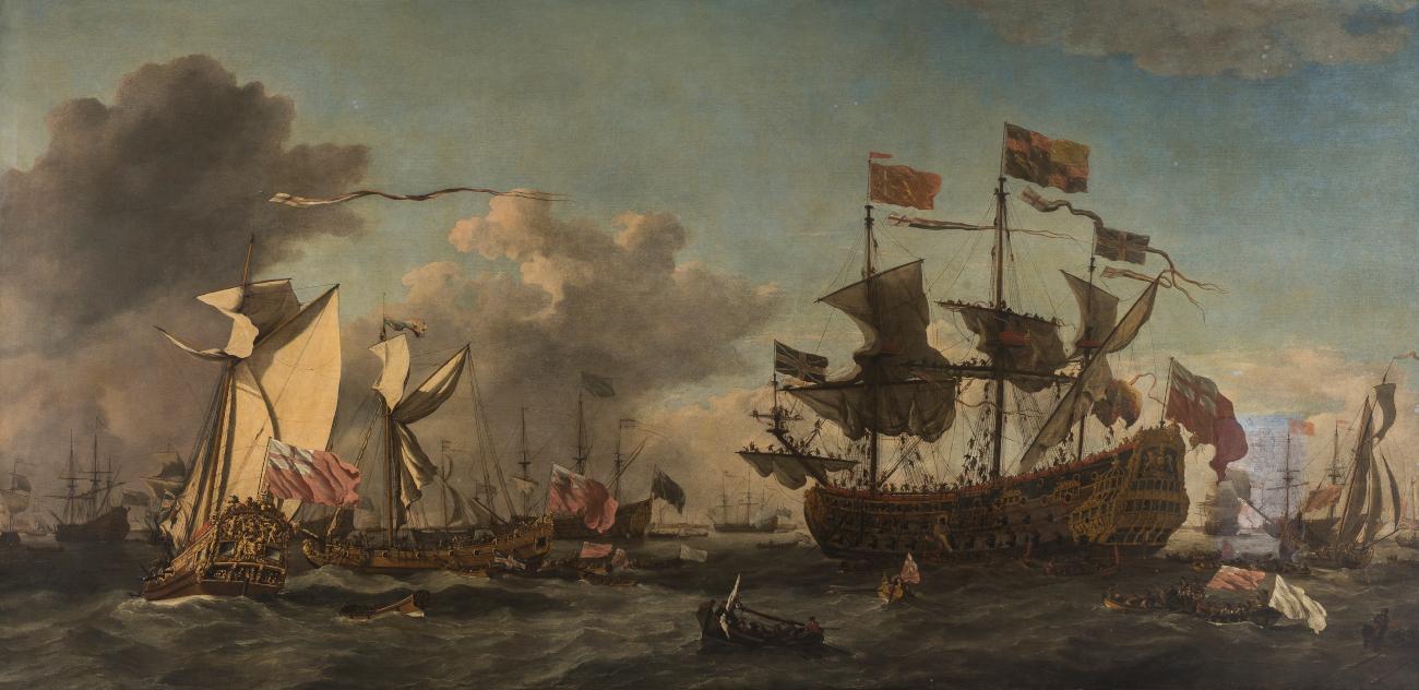 A large panoramic oil painting showing a naval scene, with Charles II's flagship on the right hand side