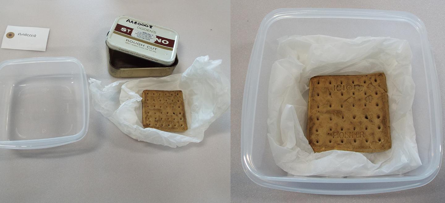 Small ships biscuit [AAB0008) rehousing. Image on the left shows the old tin it used to be held in and the image on the right shows the biscuit in its new box