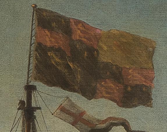 Close-up detail of the royal ensign flying on the flagship in the painting A Royal Visit to the Fleet by Willem van de Velde the Younger