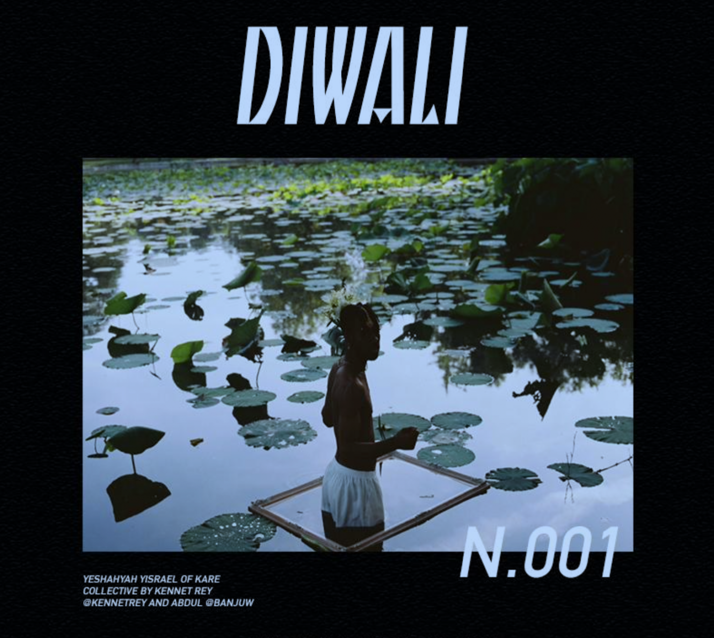 A black magazine cover with an image of a person standing in a pond with lily pads