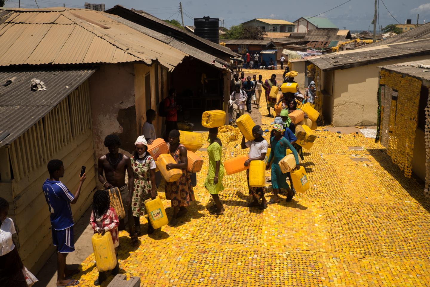 A street in Ghana with gold coloured tiling