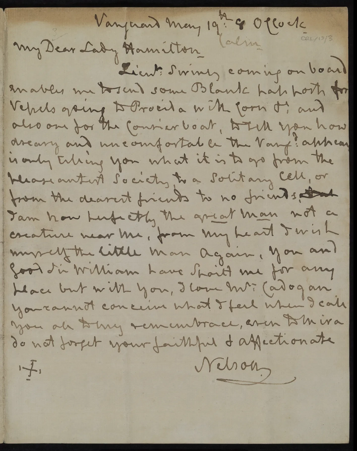 Letter from Nelson to Lady Hamilton, 'Vanguard', 19 May 1799
