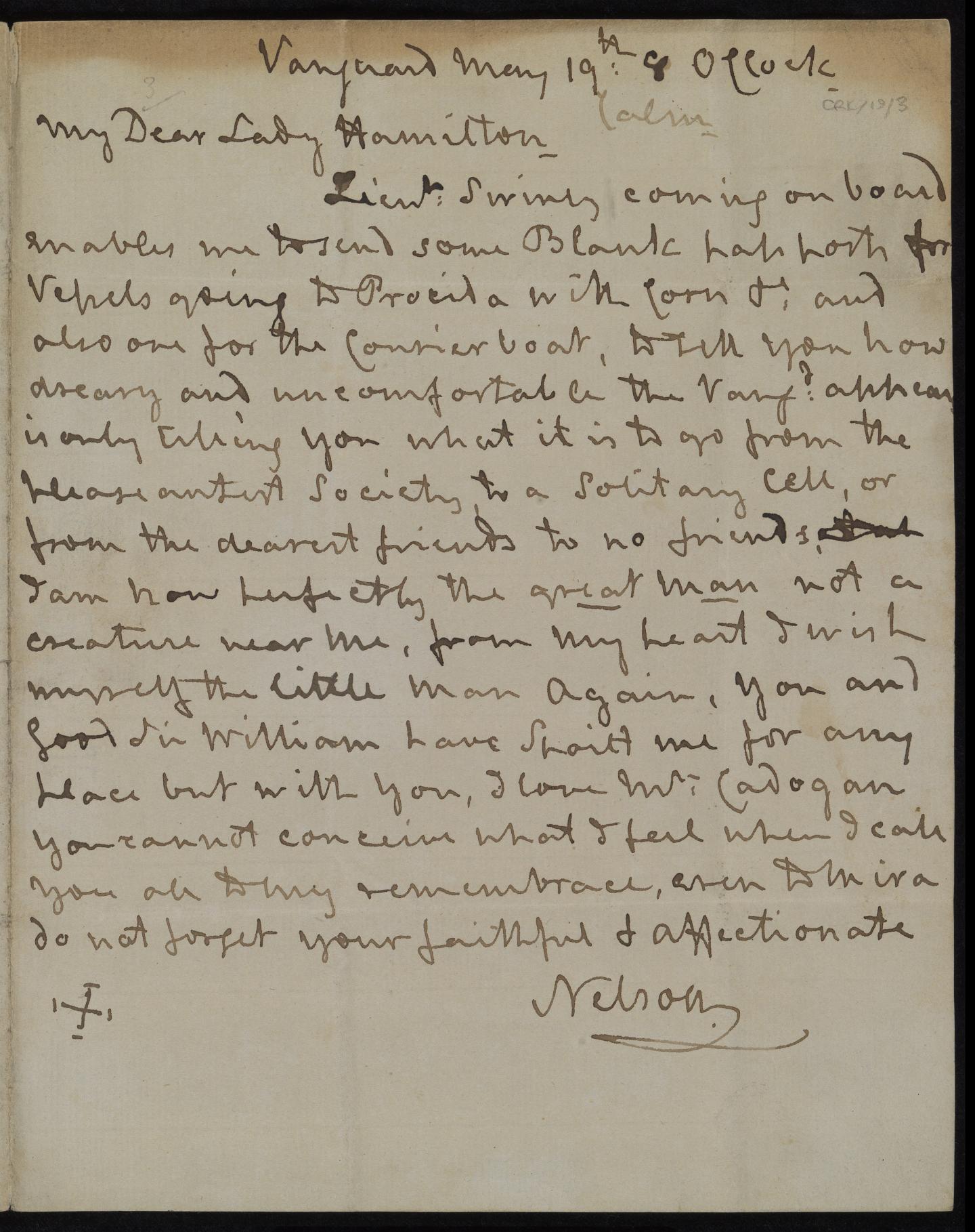 Letter from Nelson to Lady Hamilton, 'Vanguard', 19 May 1799