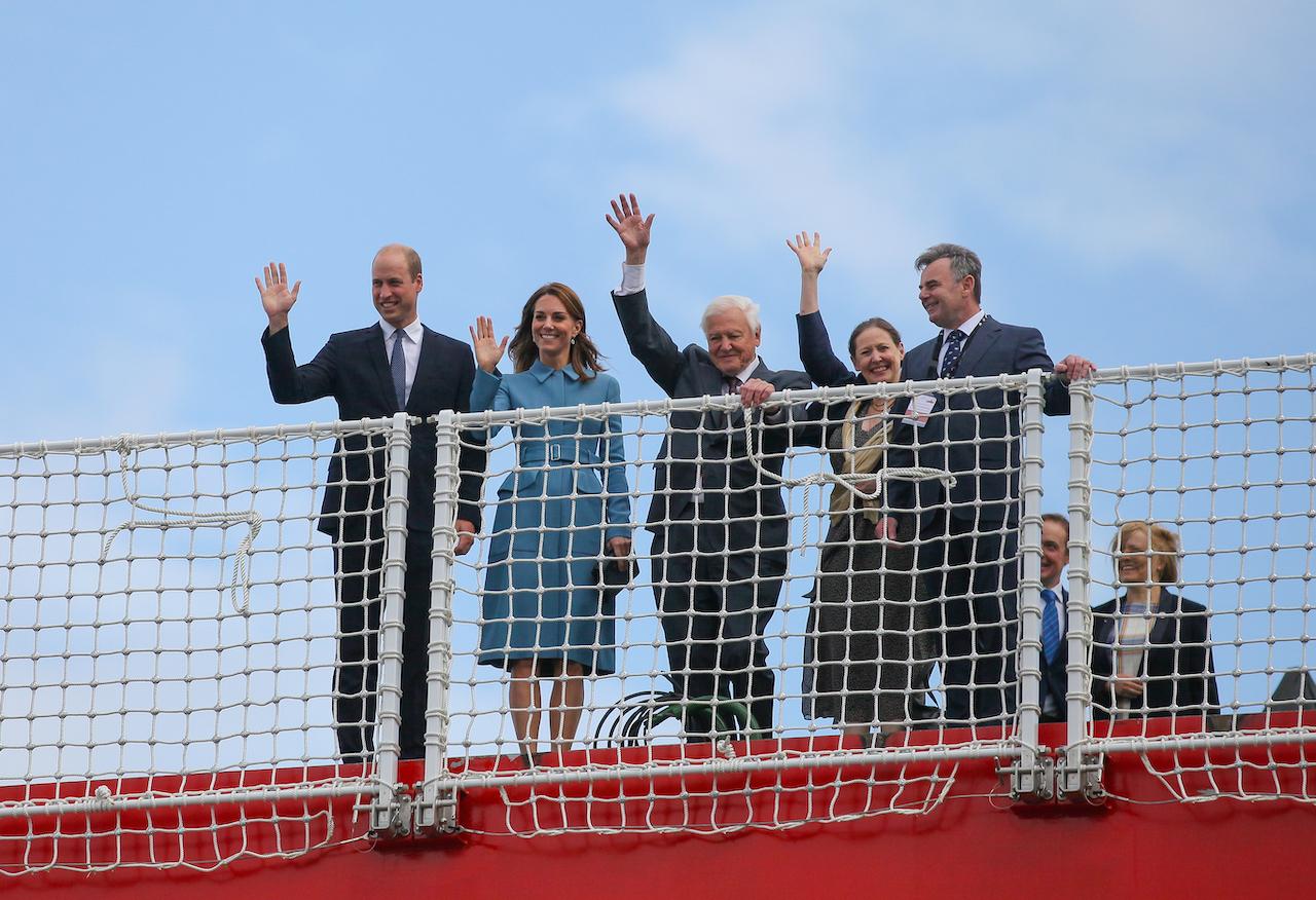 The Duke and Duchess of Cambridge, Sir David Attenborough, Susan Attenborough and previous CEO of Cammell Laird John Syvrett on board RRS Sir David Attenborough during the official naming ceremony