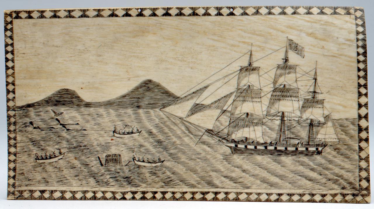 A decorative panel depicting a sea scene with a whale, whaling ship and three small boats
