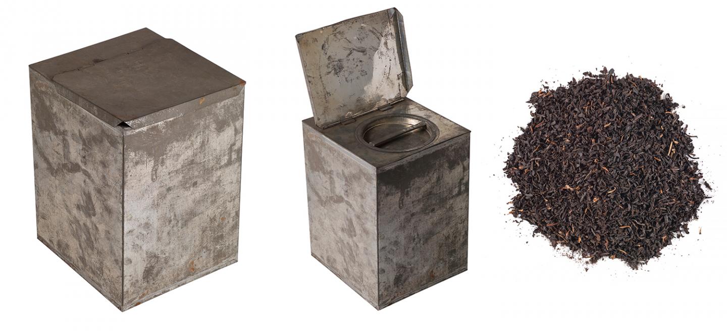 Figure 11 - Tea caddy (XXX2357). Tea caddy closed (left), showing screw lid (middle) and tea found within (right)