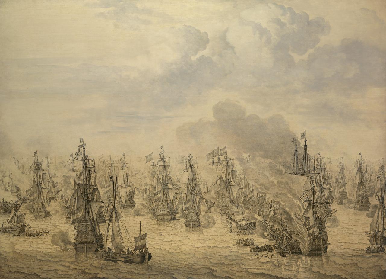 A detailed drawing of a naval engagement, seen as if from above the battle