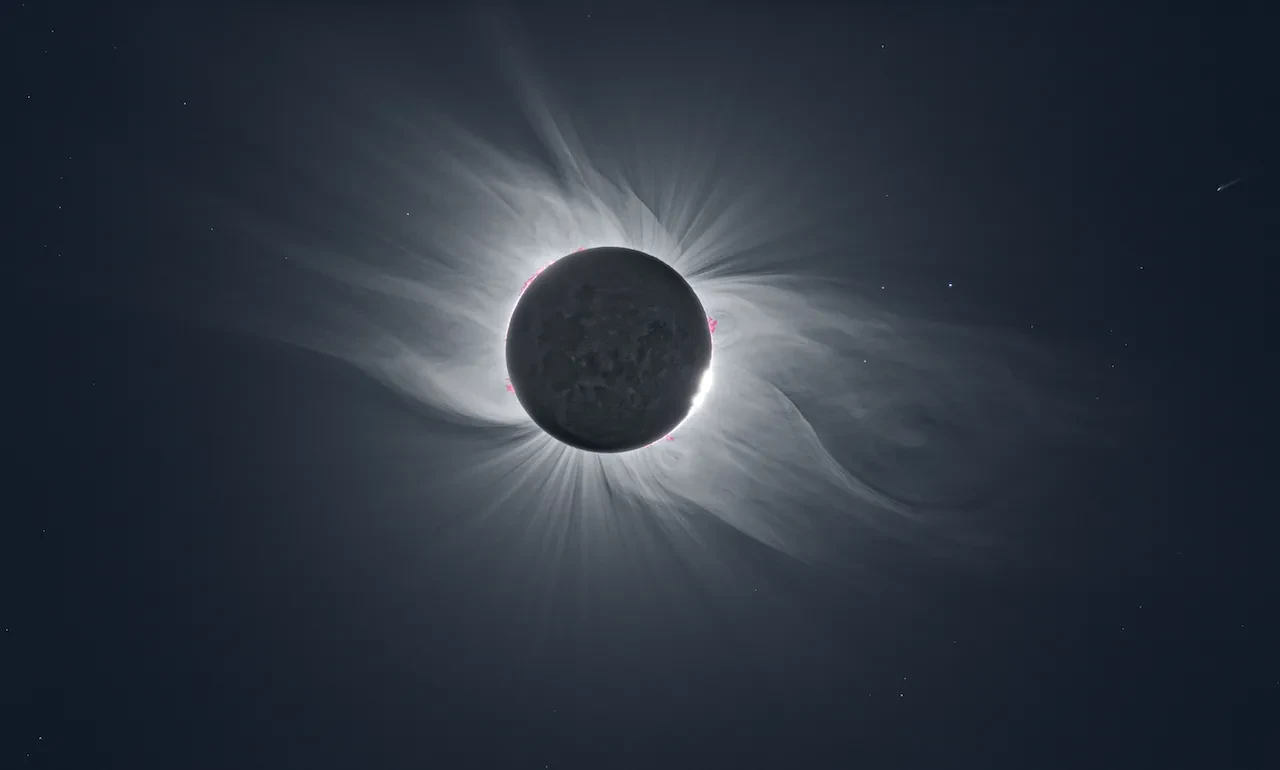 A blue and white telescope view of the Sun