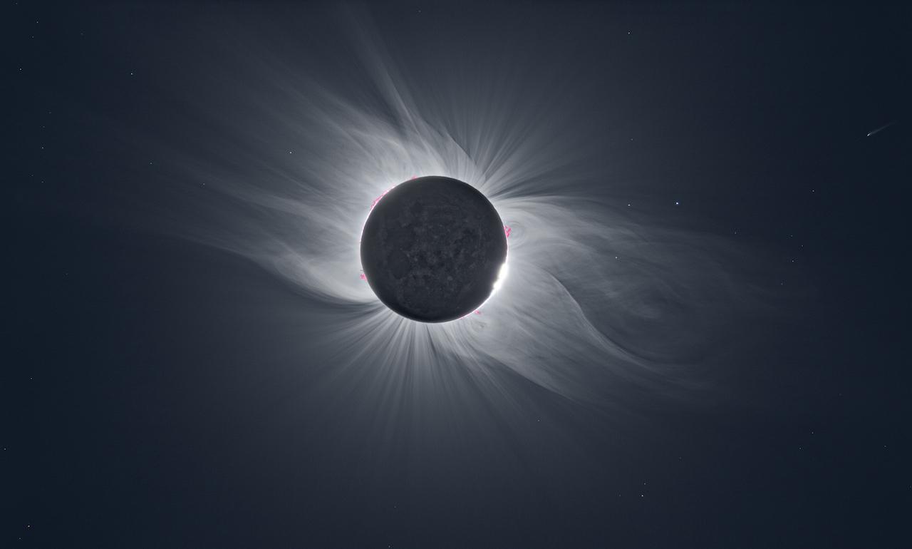 A blue and white telescope view of the Sun