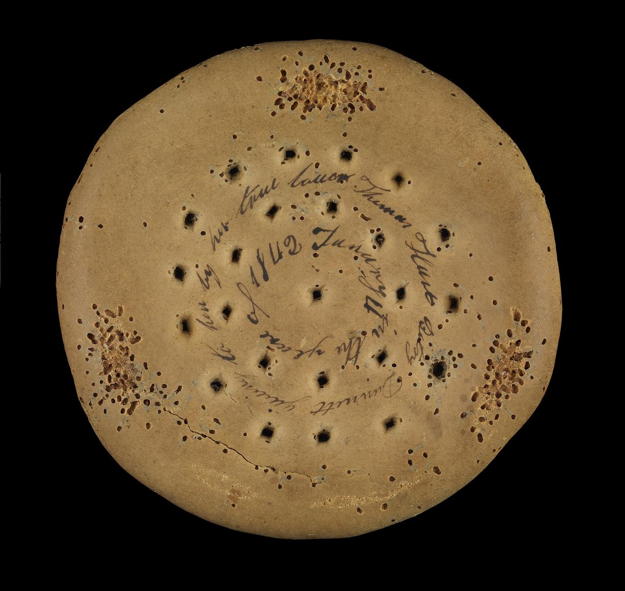 A ship's biscuit circular in shape and perforated with holes as an aid to baking