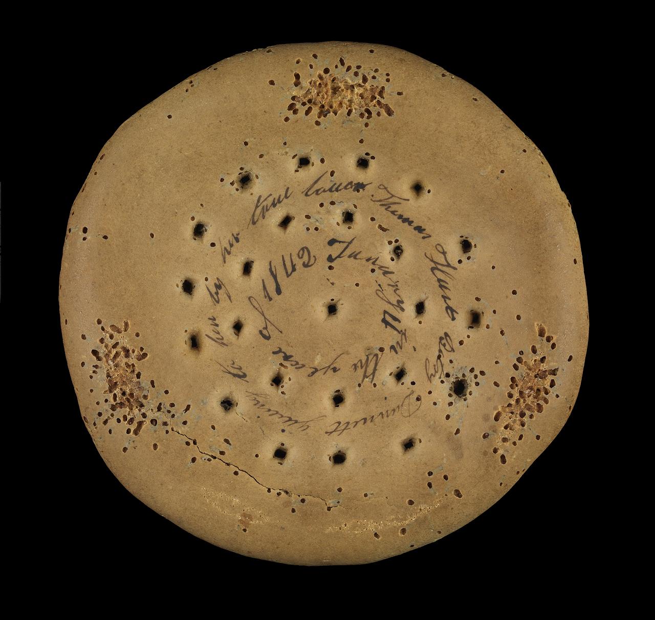 A ship's biscuit circular in shape and perforated with holes as an aid to baking