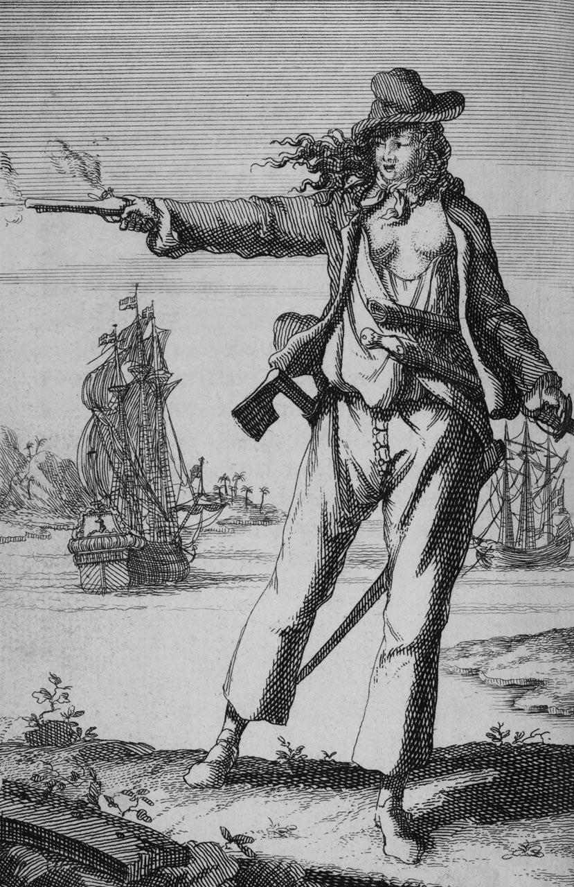 An etch of Anne Bonny holding a gun