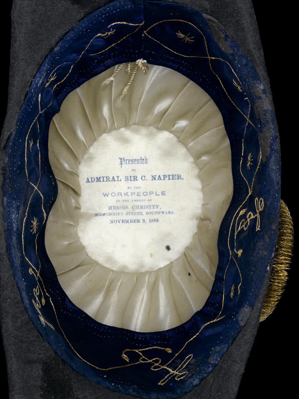 The inside of a cocked hat belong to Admiral Charles Napier, with an inscription
