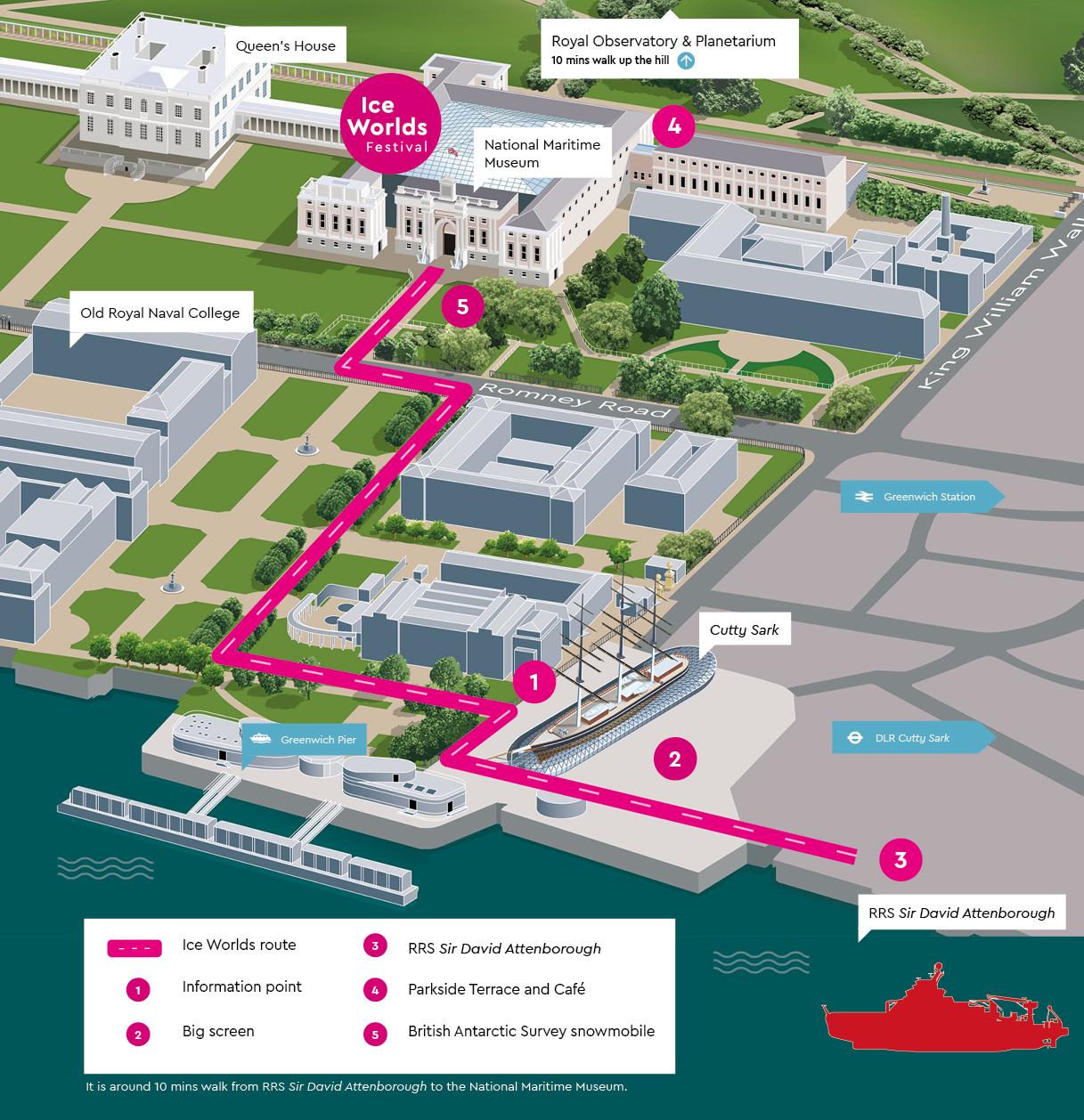 A map of Greenwich, with a route from the RRS Sir David Attenborough to the National Maritime Museum highlighted in pink