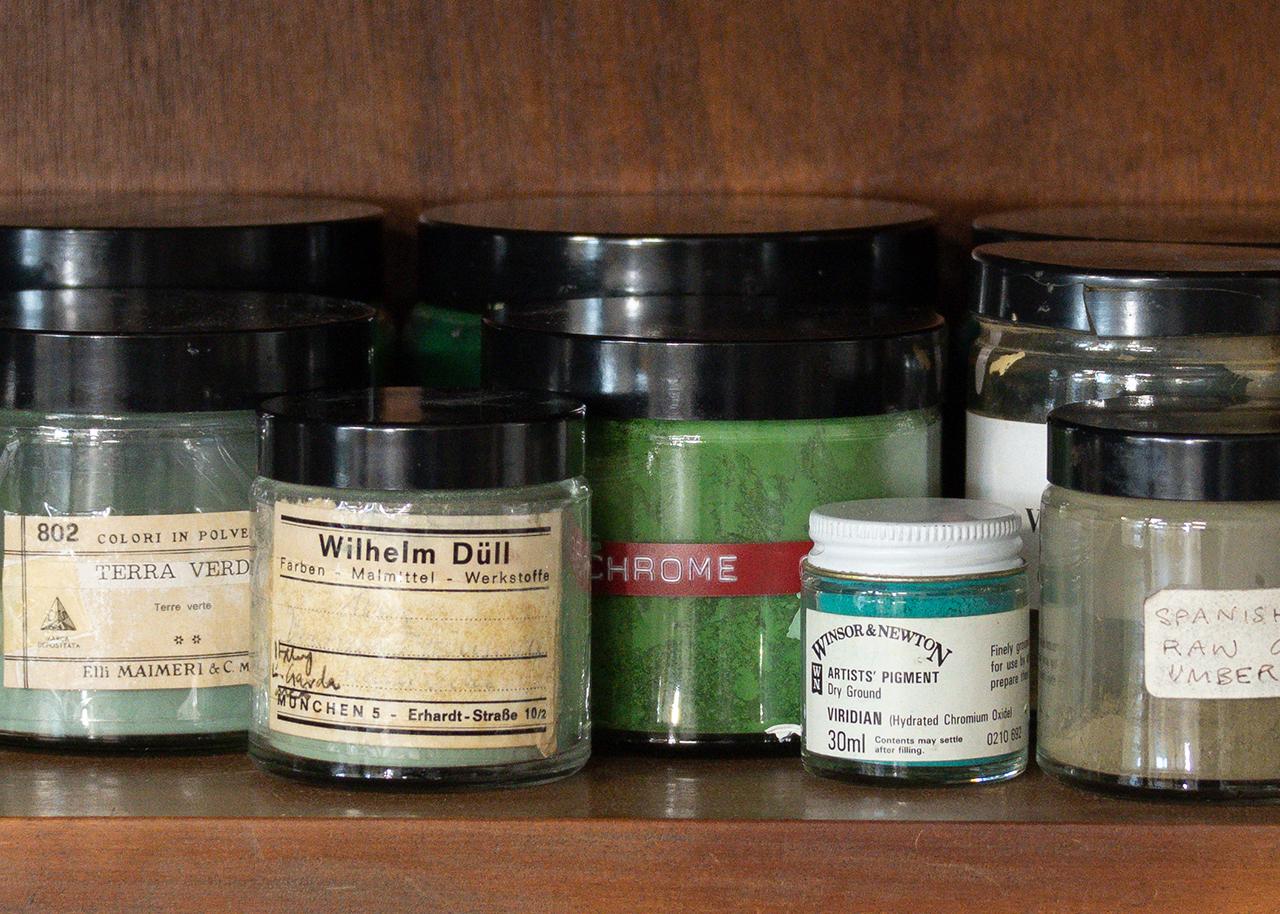 Detail of a conservation pigments cupboard inside the Prince Philip Maritime Collections Centre