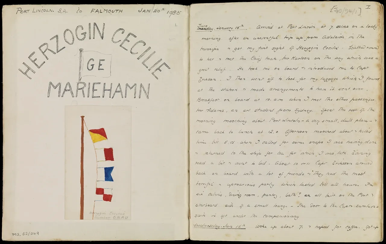 Handwritten diary with drawing of flags