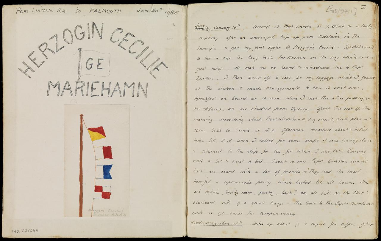 Handwritten diary with drawing of flags