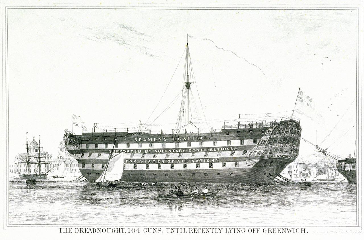 HMS NHS: The Dreadnought, 104 Guns, At present Lying off Greenwich For The Seamen's Hospital 