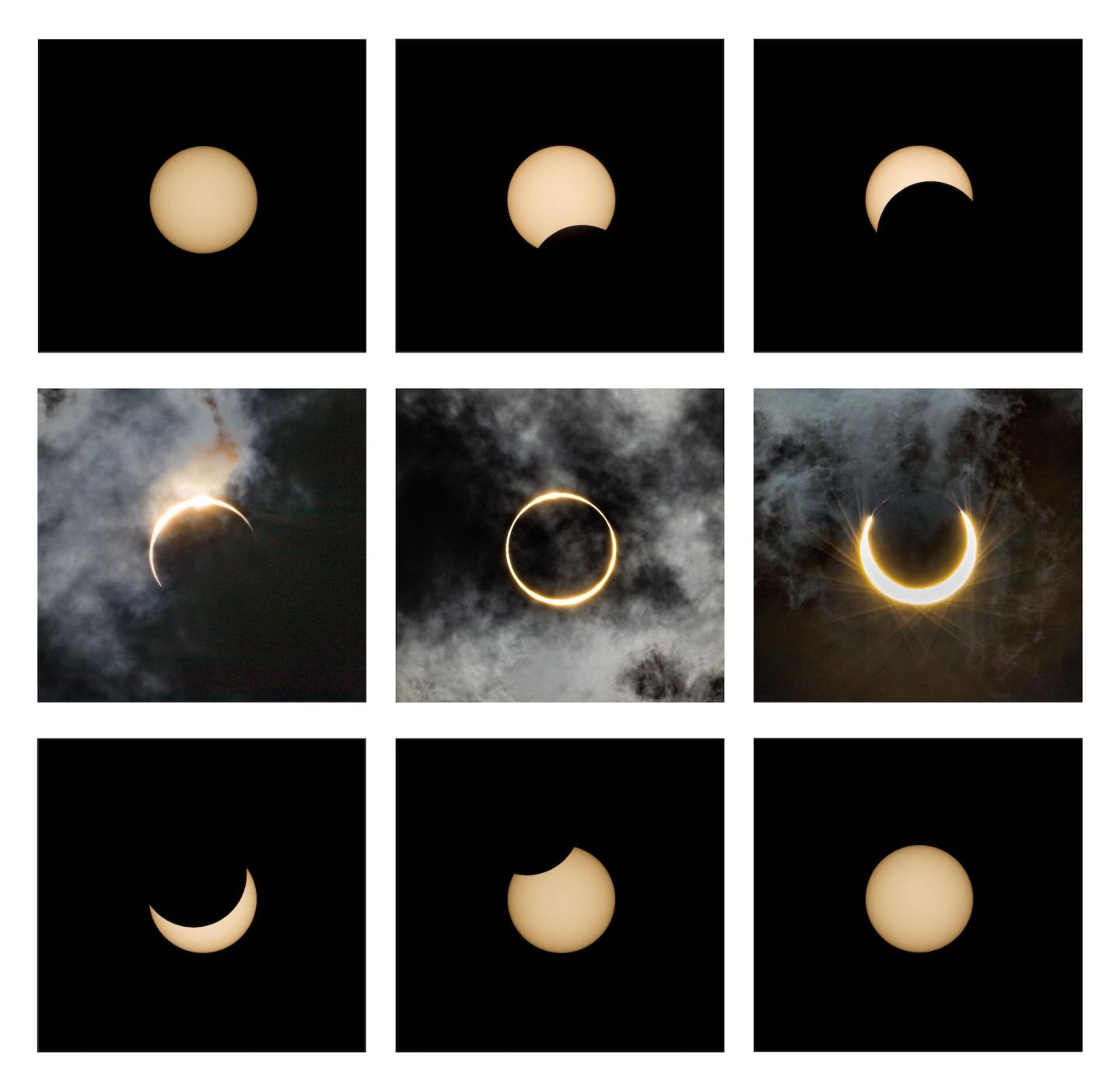 A grid of photos following a partial solar eclipse