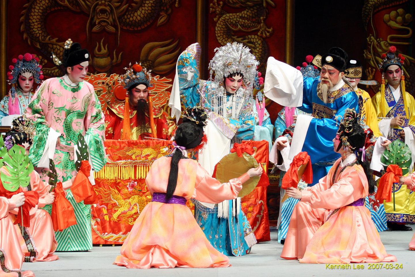 stage actors performing in colourful costumes for Cantonese Opera