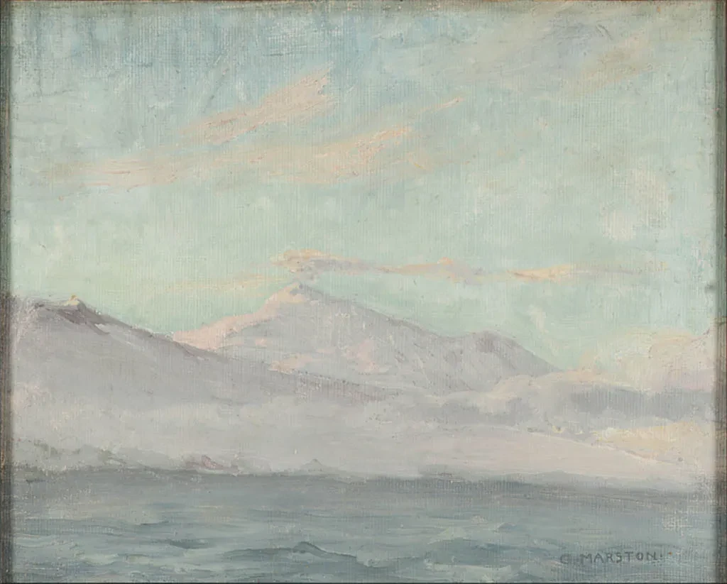 An oil painting showing smoking peak of the active Antarctic volcano, Mount Erebus, from seaward