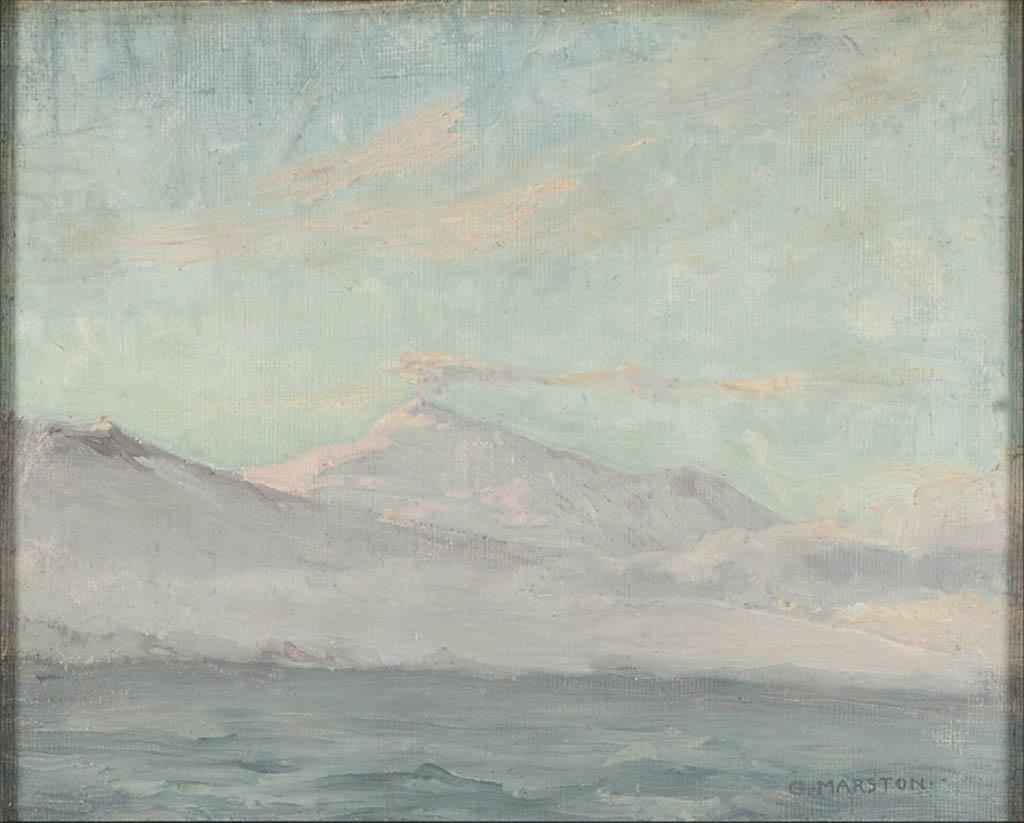 An oil painting showing smoking peak of the active Antarctic volcano, Mount Erebus, from seaward