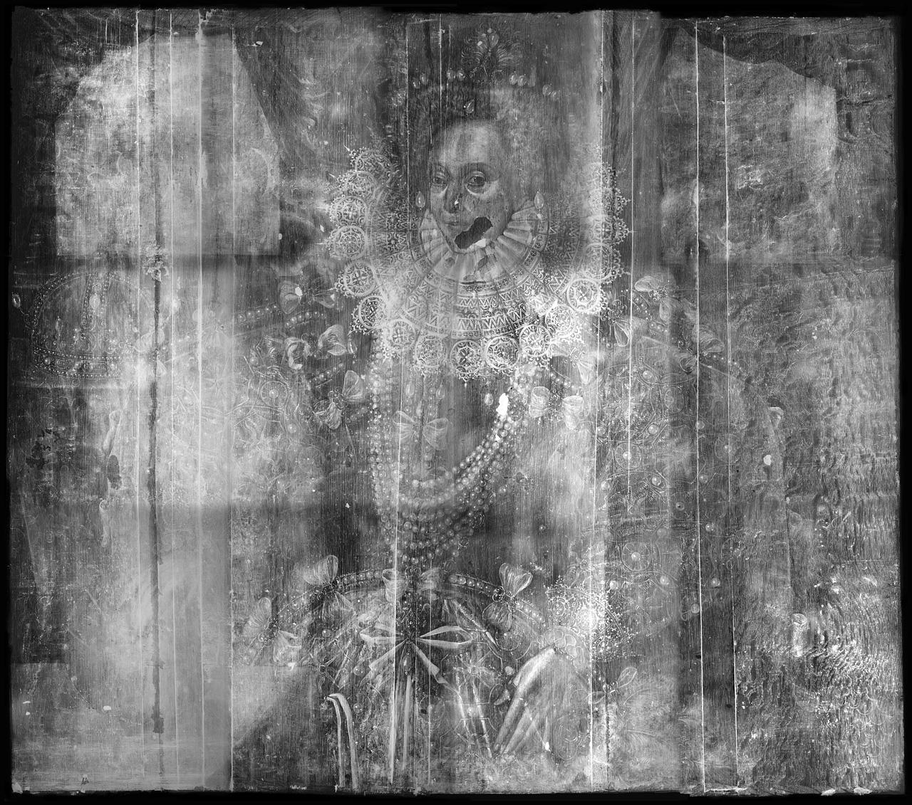X-radiographs of the Armada portrait of Elizabeth I, showing the layers beneath the visible paint
