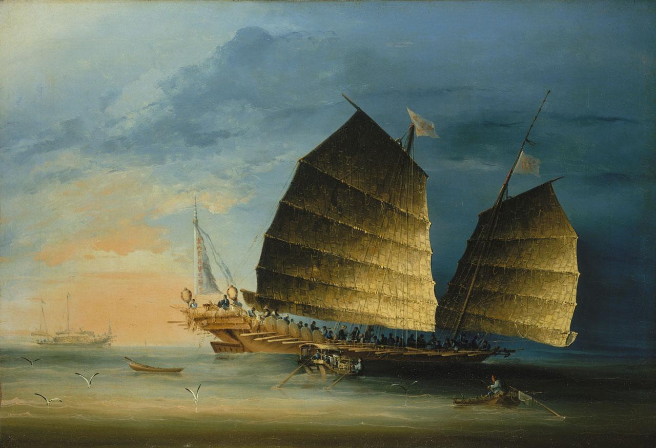 painting of a ship with 2 large sails on sea with a blue cloudy sea in the background