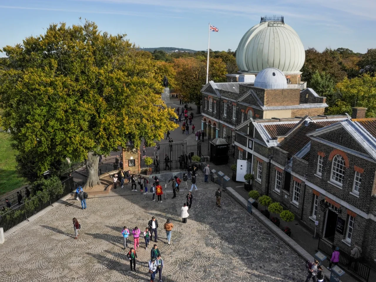 Aerial view of the Prime Meridian courtyard at the Royal Observatory Greenwich